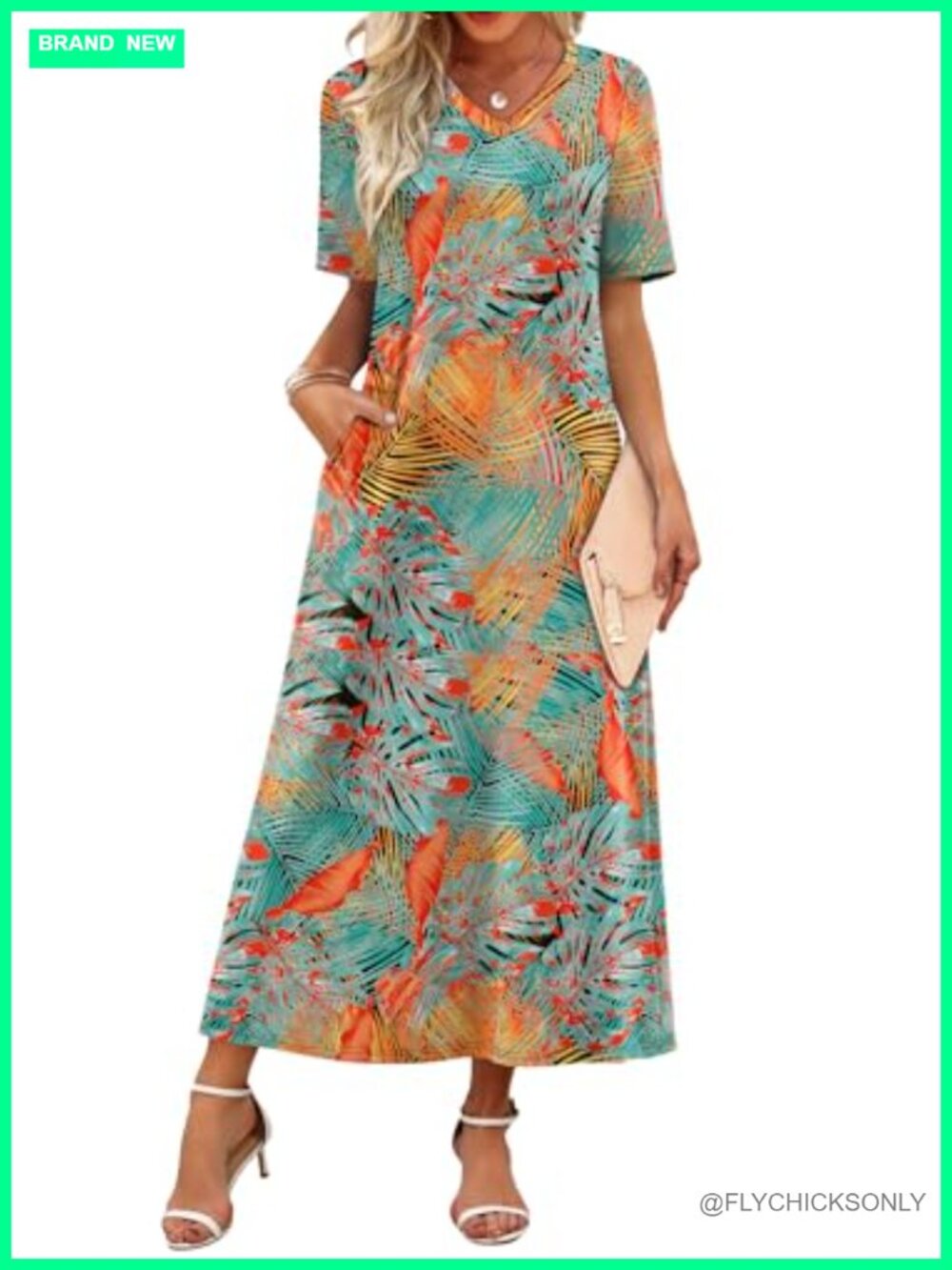 Women's Maxi Dress V Neck Short Sleeve Sundress Floral Summer Beach Vacation